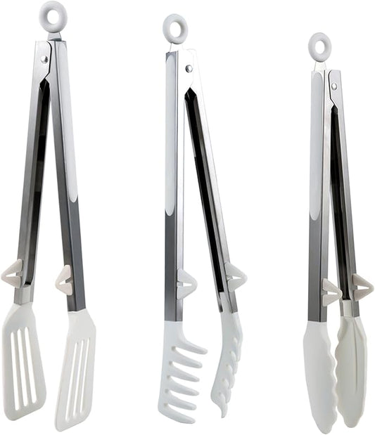 Kitchen Tongs,Set Of 3 Tongs with Silicone Tip for Cooking 9/12 Inch Stainless Steel Kitchen Tong for Meat,Food Grill,Salad,BBQ,Frying,Serving,Dishwasher (White, 9 Inch)