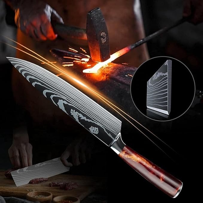 8-Piece Premium Japanese Kitchen Knife Set - Imperial Collection, Laser Damascus Pattern, 440A Stainless Steel Ultra Sharp for Fast Cutting (DMS-8A-Red)