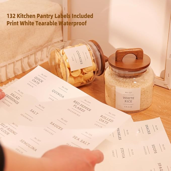 4 Pack Glass Pantry Storage Containers with 132 Pantry Labels - 37 FL OZ Kitchen Glass Canisters with Bamboo Airtight Lids - Farmhouse Glass Pantry Jars for Cookie, Rice, Pasta, Cereal, Bath Salt