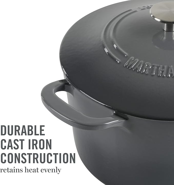 MARTHA STEWART Gatwick 7-Quart Enamel Cast Iron Dutch Oven – Classic Grey – Durable Heavy-Duty Dutch Oven for Slow Cooking, Braising & Baking