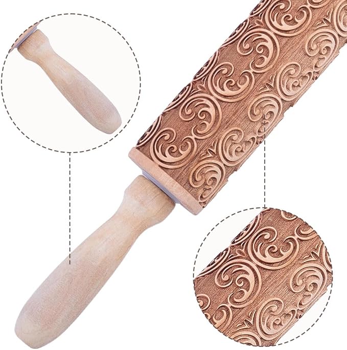Embossed Wooden Rolling Pin Darker 3D Scrollwork Rattan 36cm Rolling Pin for Baking Biscuits DIY Kitchen Tool Baking Accessories Homemade Bakery Pastry Cookie Fondant Dough Pizza