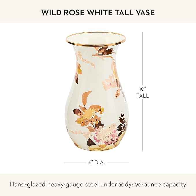 MACKENZIE-CHILDS Tall Enamel Vase, Unique Flower-Vase Decor for Living Room, Wild Rose White
