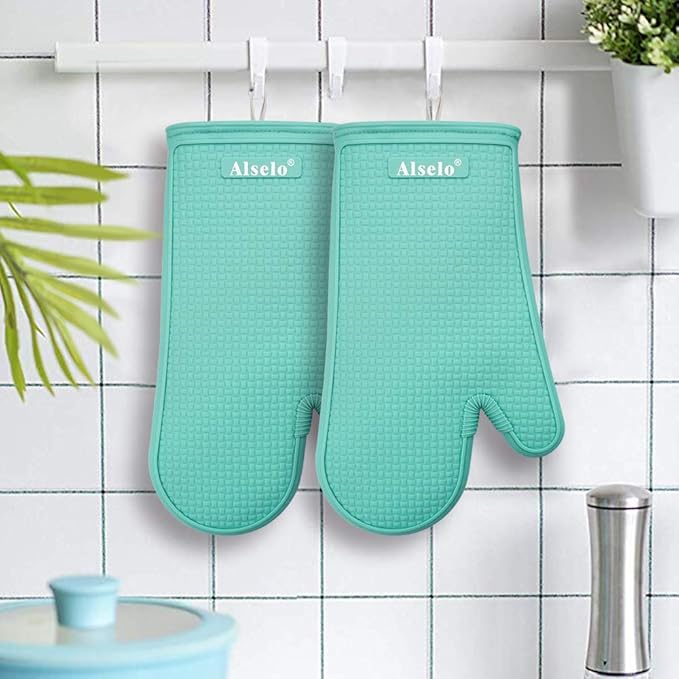 Alselo Oven Mitts Heat Resistant Silicone Kitchen Gloves for 550 Degrees with Waterproof and Non-Silp, Set of 2 Oven Gloves for Baking Cooking Barbecue Microwave Machine Washable (Blue, 2)