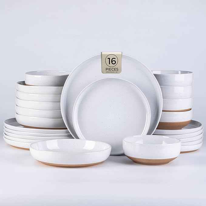 AmorArc Ceramic Dinnerware Sets with Pasta Bowls for 4, Handpainted Plates and Bowls Set with Rustic Terracotta Underside, Scratch Resistant Dishes Set, Dishwasher & Microwave Safe, 16 Pcs