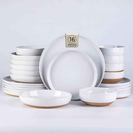 AmorArc Ceramic Dinnerware Sets with Pasta Bowls for 4, Handpainted Plates and Bowls Set with Rustic Terracotta Underside, Scratch Resistant Dishes Set, Dishwasher & Microwave Safe, 16 Pcs