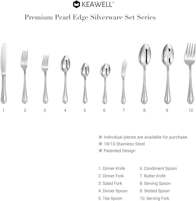 KEAWELL Pearl Edge 4-Piece Premium Spoon Set, 18/10 Stainless Steel, Fine Silverware Spoons with Refined Bead Design, Brightly Polished, Dishwasher Safe (Silver, 7.56" Dinner Spoons)