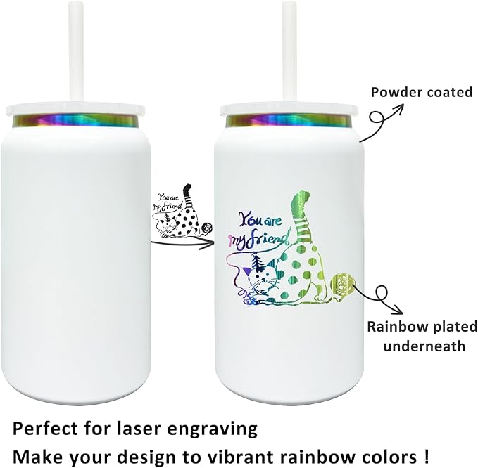 8 Pack Glass Cups with Lids and Straws, 16 oz Stainless Steel Cups, Insulated Skinny Tumbler, Powder Coated Travel Tumblers for Laser Engrave, Iced Coffee Cup for Smoothie Water DIY Gift(White,8 pack)