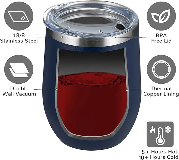 MEWAY 12oz/8 Pack Wine Tumbler Glasses with Lid - Stemless Double Wall Vacuum Stainless Steel Travel Tumbler - Keeping Cold & Hot for Wine,Coffee,Cocktails,Drinks-Family and Gifts (Navy,Set of 8)