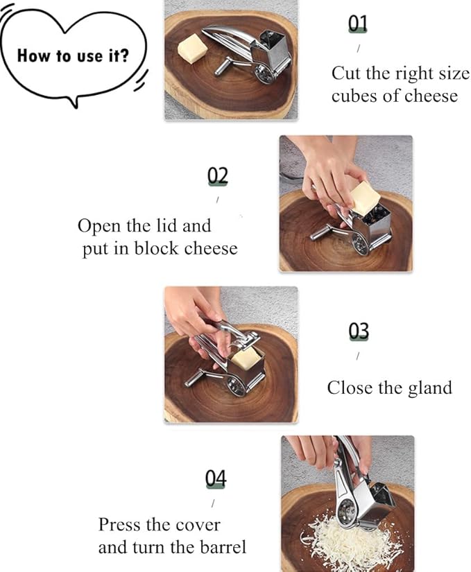 Kitchen Tools Hand Crank Shredder Butter Cheese Grater, Stainless Steel Rotary Grater Handheld Rotary Cheese Grater with 4 Stainless Drum