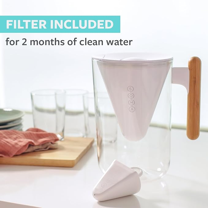 Soma by Full Circle 10-Cup Water Filter Pitcher - Beautiful Water Dispenser with Sustainable Bamboo Handle, Coconut Shell Activated Carbon Filter