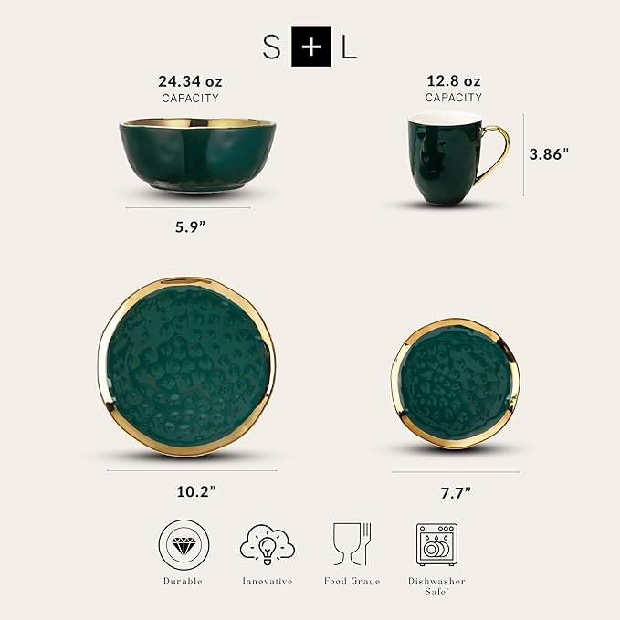 Stone Lain Florian Modern Porcelain Dish Set, 32-Piece Dishes for 8, Gold and Green (Porcelain Dinnerware Set)
