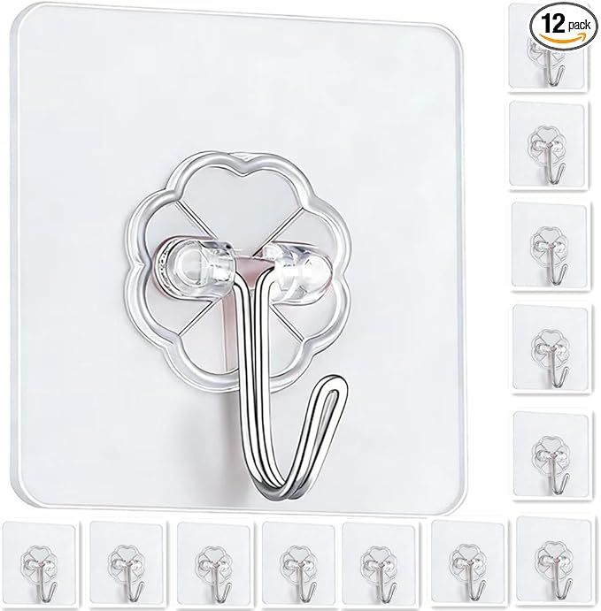 Adhesive Hooks - Heavy Duty Sticky Wall Hooks for Hanging, Removable Waterproof Hooks for Bathroom Kitchen, Damage-Free Transparent Hooks 12pcs