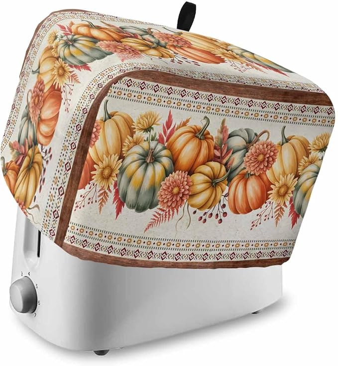 Orange Pumpkins Fall Toaster Cover 2 Slice, Thanksgiving Southwestern Floral Dustproof Bakeware Oven Protector with Top Hook, Autumn Waterproof Small Kitchen Appliance Toasters Dust Cover, 12"x7.5"x8"