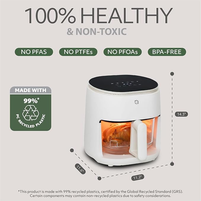 WILLOW Eco Series 6 in 1 Air Fryer with Glass Basket, 5 Quart Non Toxic Air Fryer w Digital Display, 430°F Max Temp, Preheat & Keep Warm Function, Compact + Dishwasher Safe Glass Airfryer - WHITE