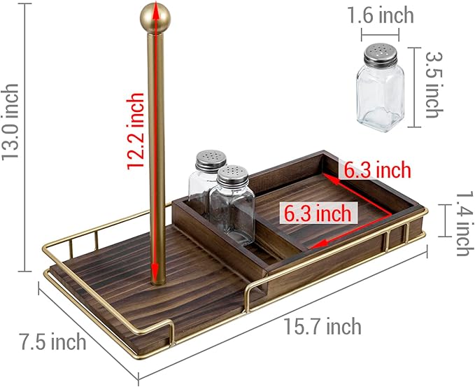 MyGift Rustic Kitchen and Dining Combo Caddy - Brown Wood and Brass Metal Paper Towel Roll Dispenser Stand, Napkin Holder, Spice Rack with 3 Shakers