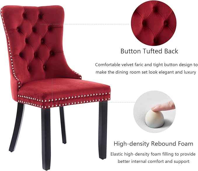 Velvet Dining Chairs Set of 4, Upholstered Dining Room Chairs with Back Ring Pull Trim and Solid Wood Legs,Tufted Wingback Kitchen Chairs for Dining Room,Kitchen(Wine Red)