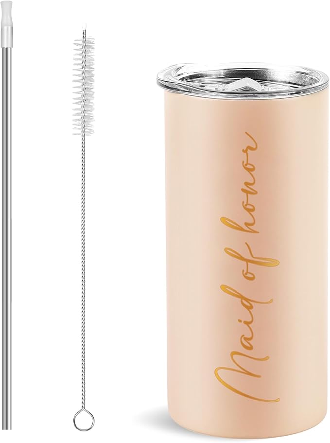 Maid of Honor Gifts Bridesmaid Proposal Gifts Maid of Honor Cups Wedding Bachelorette Party Favors Bridal Shower Stainless Steel Skinny Tumbler with Lid and Straw 15 OZ Pink