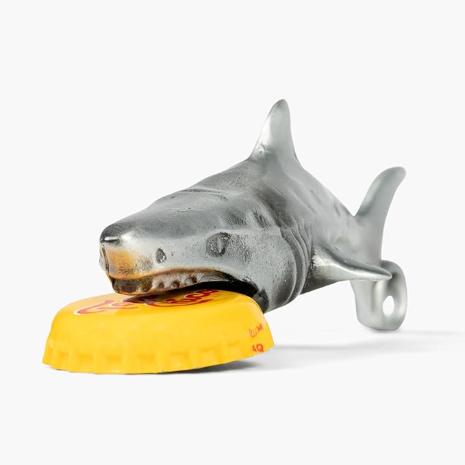 Great White Shark Bottle Opener - Heavy Duty Beer & Soda Cap Opener - Unique Ocean Theme Bar Tool - Fun Beach House Kitchen Gadget Gift (Antique Silver)