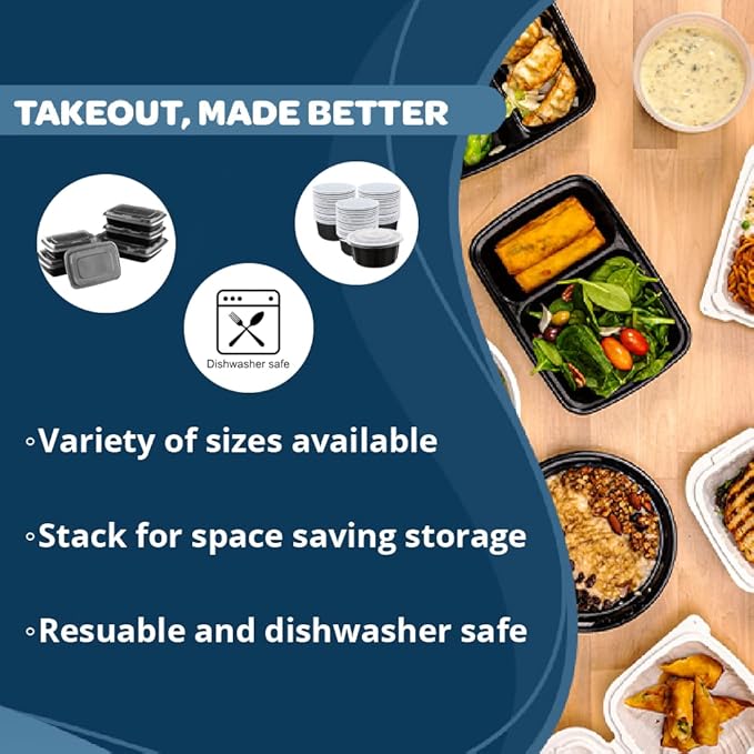 TIYA Food Containers - 58 oz Bulk 150 Pack with Lids - Rectangular Plastic To-Go Containers - Reusable, Microwavable, Dishwasher Safe - Leak-Proof for Meal Prep - BPA-Free
