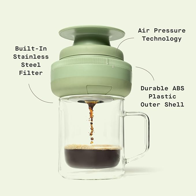 Corkcicle Coffee Palmpress - Single Serve - Portable Pour Over & French Press - Stainless Steel Filter - Collapsible - Holiday Gift - Great for Gifting Warmth - 8 oz - Sage Green