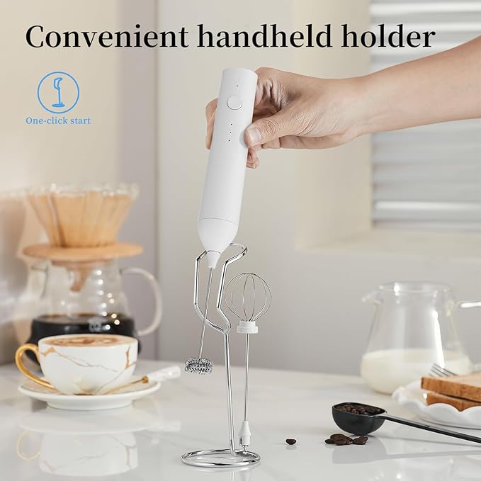 Rechargeable Milk Frother Set by ELMWAY, Electric Drink Blender with Wand and Egg Whisk, Foam Maker Mixer, Milk Frother Handled for Coffee, Latte, Matcha, Protein Powder (White with Stand)