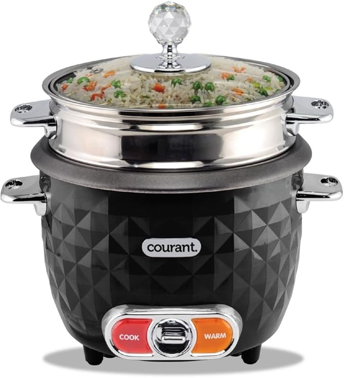 Courant 10-Cup (Cooked) / 5-Cup Uncooked Rice Cooker and Steamer with One-Touch Operation, Automatic Keep Warm Function, and Chrome Accents, Black
