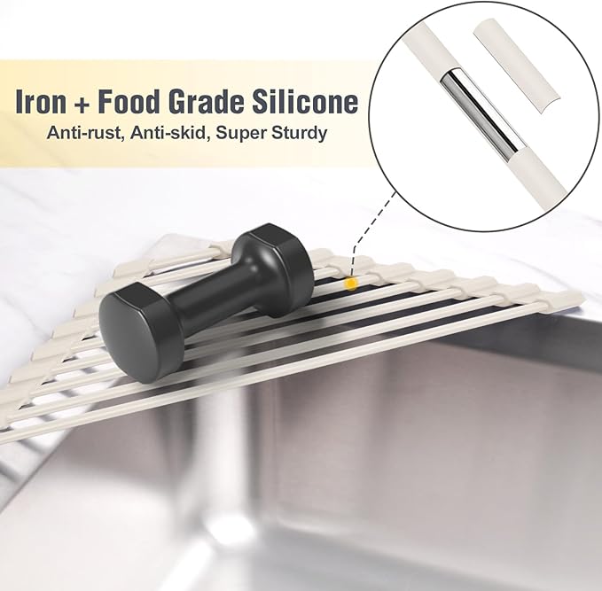 Tomorotec Compact Silicone-Coated Triangle Dish Drying Rack for Sink Corner - Foldable Stainless Steel Over-The-Sink Organizer and Storage Shelf(Cream Color)