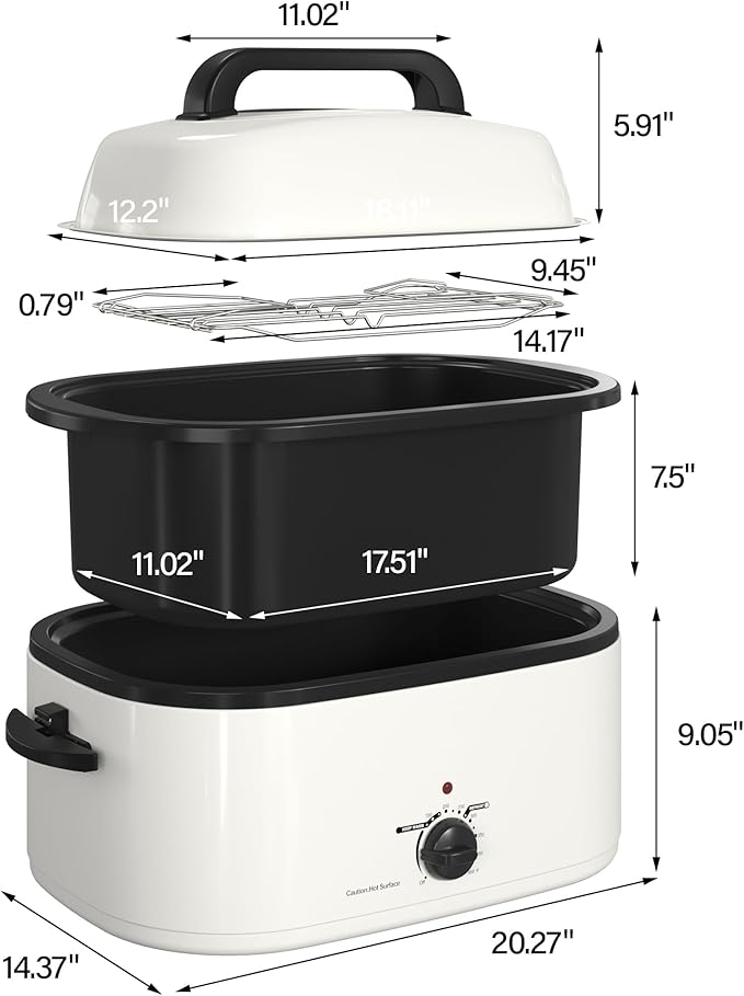 RoyalCraft 24-Quart Electric Roaster Oven with Visible Self-Basting Lid, Turkey Roaster Oven with Removable Pan and Rack, Perfect for Large Meals and Holiday Feasts, White