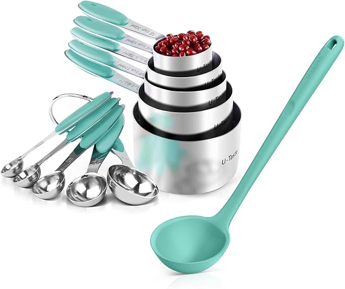U-Taste 10 Piece Measuring Cups and Spoons Set in 18/8 Stainless Steel, and 600ºF Heat Resistant 13 inch Large Non-Stick Silicone Soup Ladle (Aqua Sky)