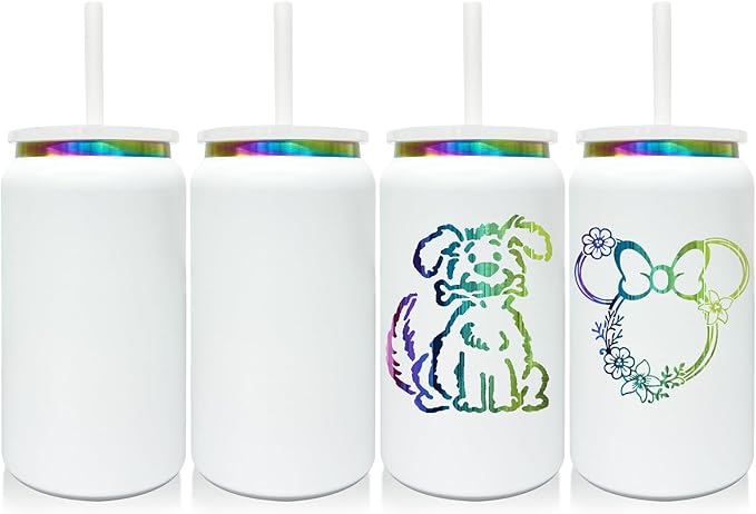 4 Pack Glass Cups with Lids and Straws, 16 oz Stainless Steel Cups, Insulated Skinny Tumbler, Powder Coated Travel Tumblers for Laser Engrave, Iced Coffee Cup for Smoothie Water DIY Gift(White,4 pack)