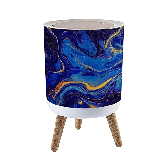 Trash Can with Lid Hand painted mixed liquid blue golden paints Abstract fluid acrylic Press Top Round Small Garbage Bin with Wooden Legs Waste Basket for Kitchen Bedroom Nursery 7L/1.8 Gallon