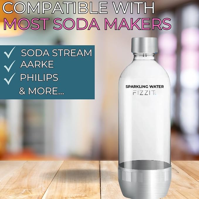 FIZZIT 1L Carbonating Bottles 2 Pack – Compatible with SodaStream,Terra Art, Aarke & Philips Soda Maker – BPA Free Reusable Sparkling Water Bottle – Replacement with Stainless Steel base & cap