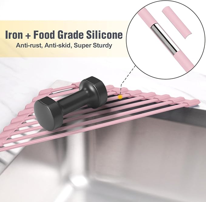 Tomorotec Compact Silicone-Coated Triangle Dish Drying Rack for Sink Corner - Foldable Stainless Steel Over-The-Sink Organizer and Storage Shelf (Pink)