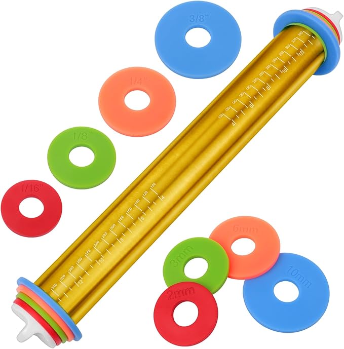 Adjustable Rolling Pins for Baking, Stainless Steel Rolling Pin with Thickness Rings, Metal Dough Roller for Fondant Cookies Pastry Pizza Pasta, Measuring Rolling Pin Baking Tools for Cake Baker, Gold
