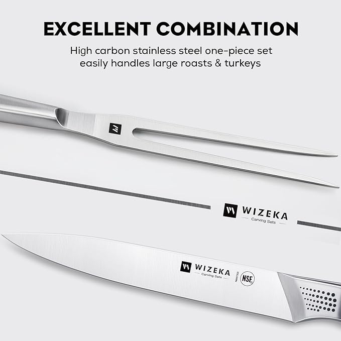 WIZEKA 8-inch Turkey Carving Knife Set 2 PCS,Stainless Steel Carving Knife and Fork Set,Extremely Sharp and Pointed Carving Sets for Meat with Gift Box