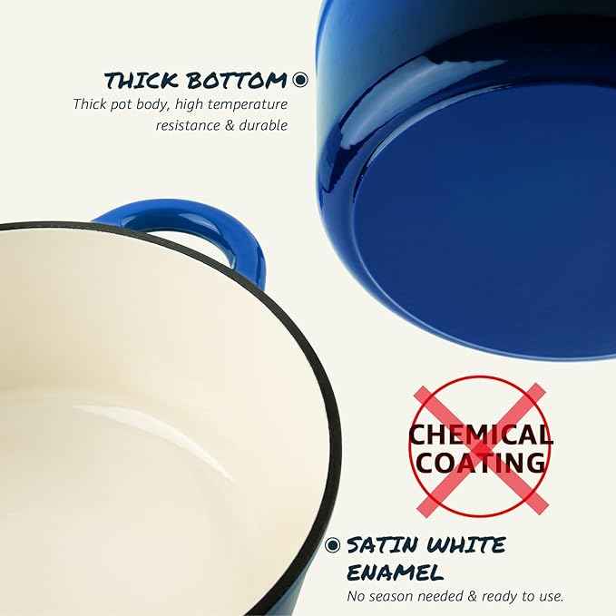 Overmont Enameled Cast Iron Dutch Oven - 4.5QT Pot with Lid Cookbook & Cotton Potholders - Heavy-Duty Cookware for Braising, Stews, Roasting, Bread Baking blue