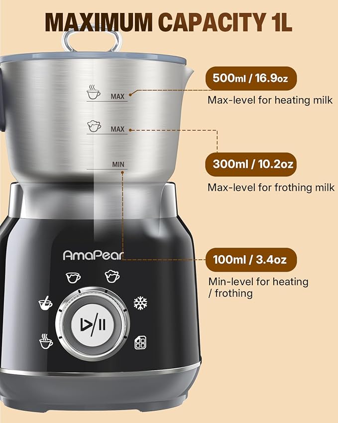 Milk Frother and Steamer, 6 in 1 Electric Foam Maker for Coffee, 16.9oz/500ml Milk Warmer for Latte, Macchiato, Cappuccino, Hot Chocolate Maker, Dishwasher Safe (Black)