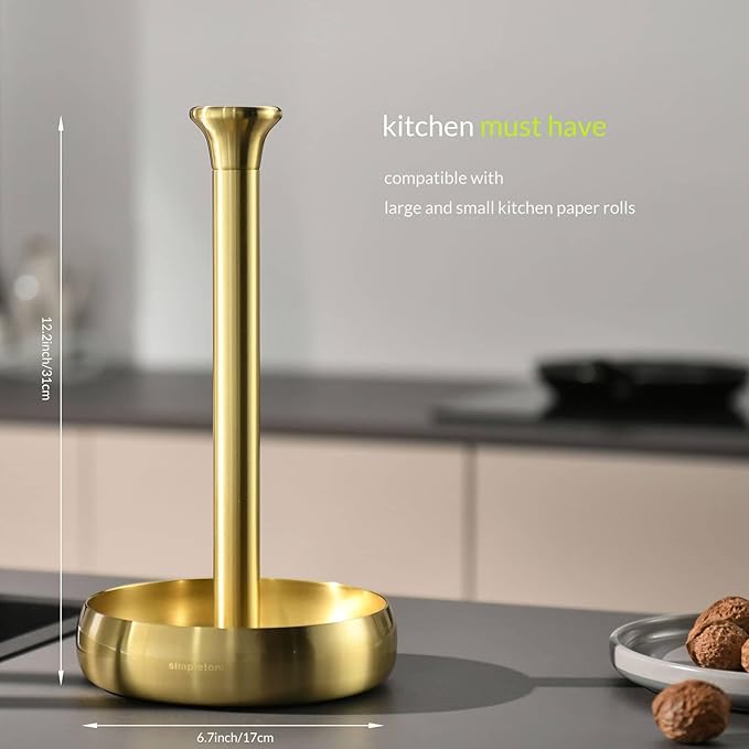 simpletome Paper Towel Holder Countertop Keep It Rolled Up Weighted Base (Light Gold)