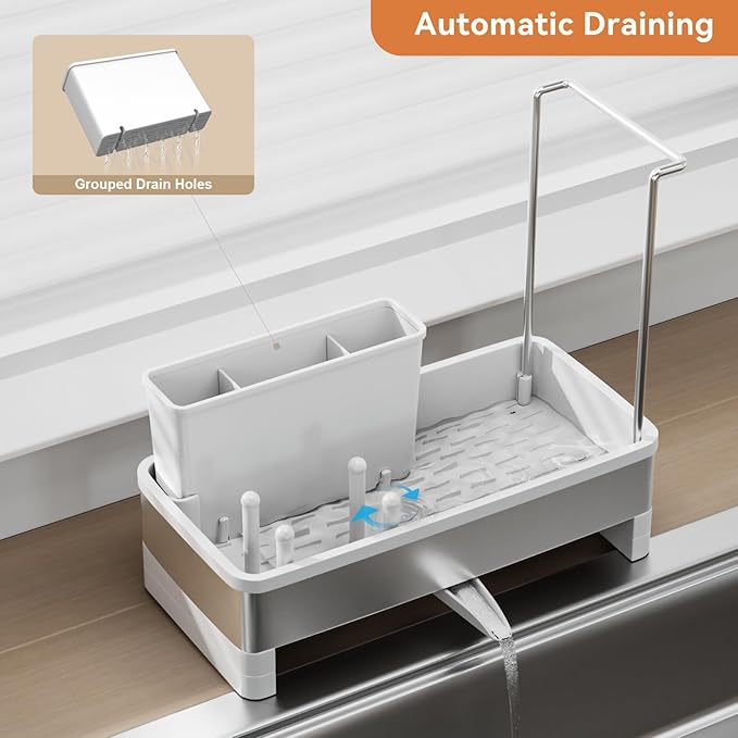 Sponge Holder for Kitchen Sink, Rustproof Stainless Steel Sink Caddy with Auto-Drain, Removable Brush Holders, Soap and Dishcloth Organizer, White