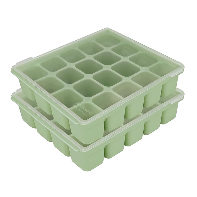 Baby Food Storage Silicone Cubes with Clip-On Lid Freezer Tray Baby Food Soups Purees Ice Safe Design Made in Korea (20cubes 0.8oz, Celadon Green Set of 2)