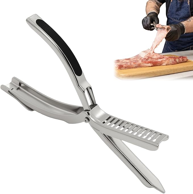 BBQ Rib Skinner & Membrane Remover - Ergonomic Rib Prep Tool with Boning Tongs, Stainless Steel Non-Slip Grip, Dishwasher Safe BBQ Grilling Accessory