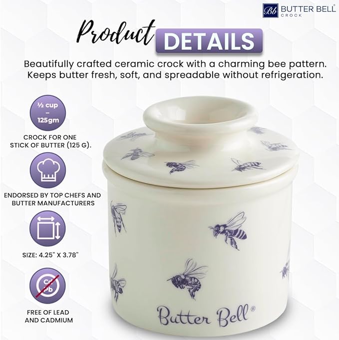 Butter Bell - The Original Butter Bell crock by L Tremain, a Countertop French Ceramic Butter Dish Keeper with Lid for Spreadable Butter, Farmhouse Collection, Honey Bees, Blue & White