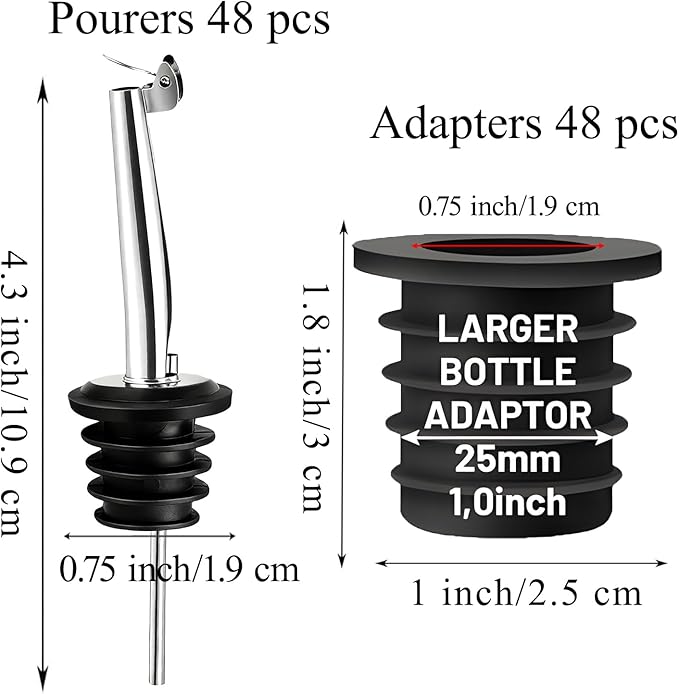 48-Pack Auto Flip Liquor Bottle Pourers with Adapters, Liquor Pour Spout Adapters set for for Large Olive Oil Bottles and Liquor Bottles - Up to 1 Inch/25mm Neck Converts Spout into Large Pour Spout