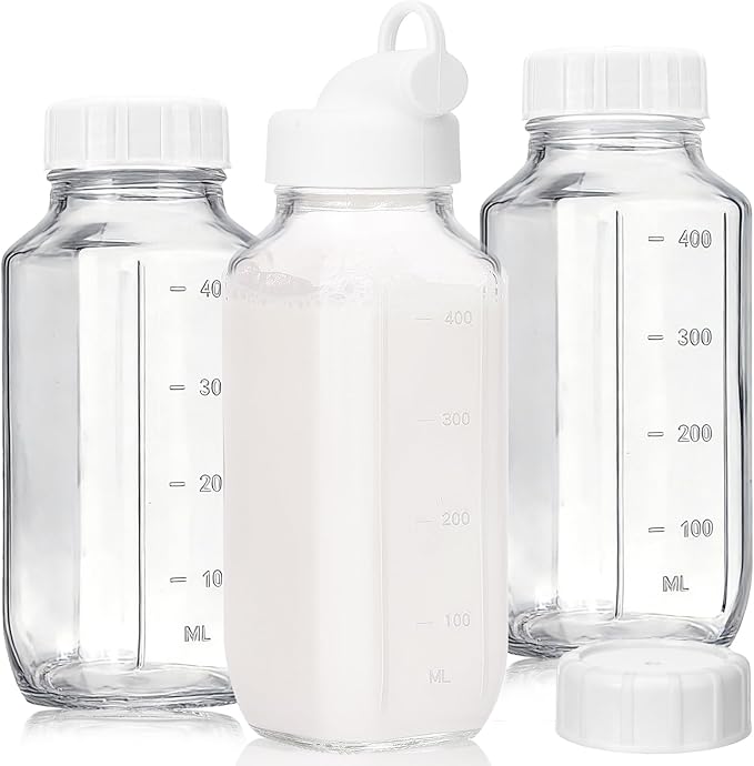 CUCUMI Glass Juice Bottles with Lids, 3 Pack Clear Glass Water Bottles with 1 Pour Spouts, 16 Oz Reusable Milk Jug with Airtight Caps and Scale for Juicing Containers