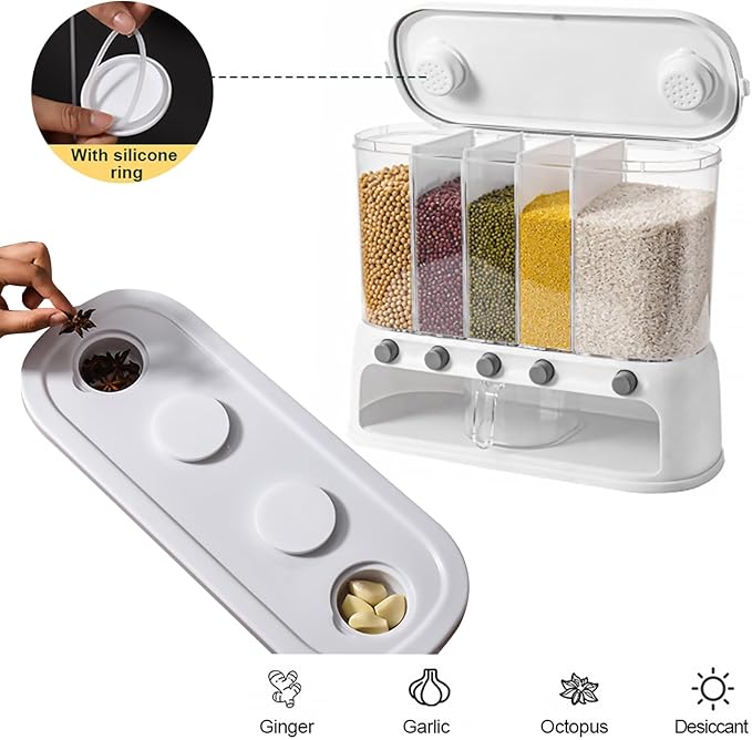 ETOYA Dry Food Dispenser, Wall mounted 5 Grid Cereal Dispenser,Rice dispenser 25 pounds Kitchen Storage with Measuring Cup for Kitchen, Pantry, Restaurant & Bulk Food