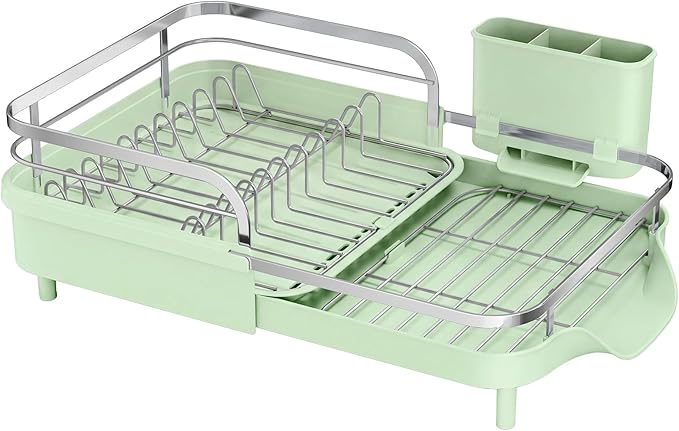SAYZH Dish Drying Rack - Expandable Dish Rack for Kitchen Counter, Rust-Resistant Dish Drainer with Utensil Holder and Raised Guardrail, Kitchen Organizer for Cup and Bottle (Green)