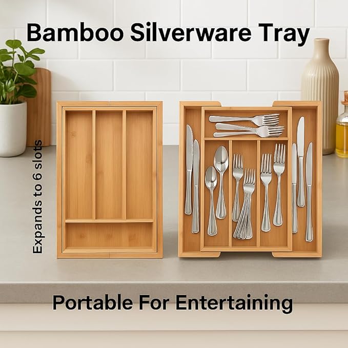 HIC Kitchen Expandable 6-Slot Silverware Cutlery Utensil Storage Tray, Natural Bamboo, Opens to 14-Inches