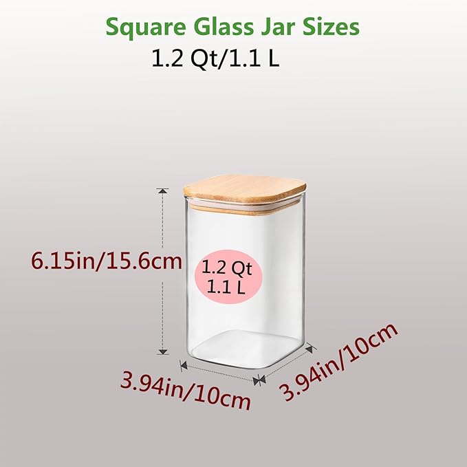 1.2 Qt Square Glass Storage Containers with Lids, glass jar with airtight lid, Glass Canister for Pantry Cookie Flour Cereal Rice Sugar Tea Coffee Beans Spice (Square-4Pack)