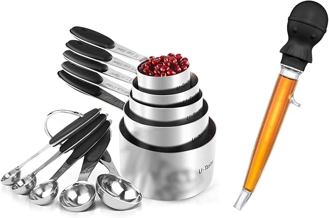 U-Taste 18/8 Stainless Steel Measuring Cups and Spoons Set of 10 Piece, Upgraded Thickness Handle and 1.5oz Heat Resistant Angled Turkey Baster with Cleaning Brush for Cooking Basting (Black)