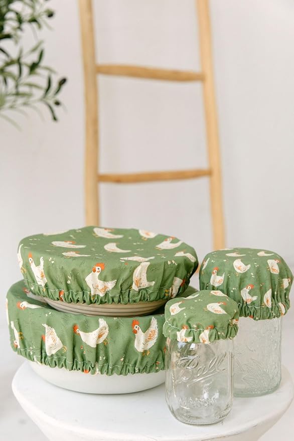 (4-Pack) Sourdough Reuseable Jar & Bowl Covers | Cute Baking Gift | 100% Cotton | Washable | Bread Proofing | Kitchen Food Storage Gifting | Starter Cover Lid Kit (Chickens)